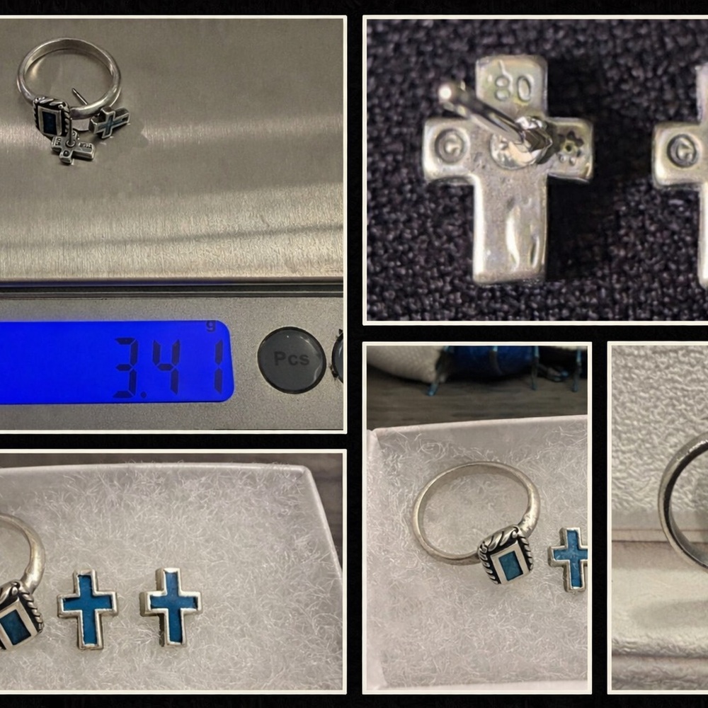 🌵✨ VINTAGE 1980 Sterling Silver Turquoise Cross Set – Ring Sz 4 + Stud Earrings - Picture 13 of 13